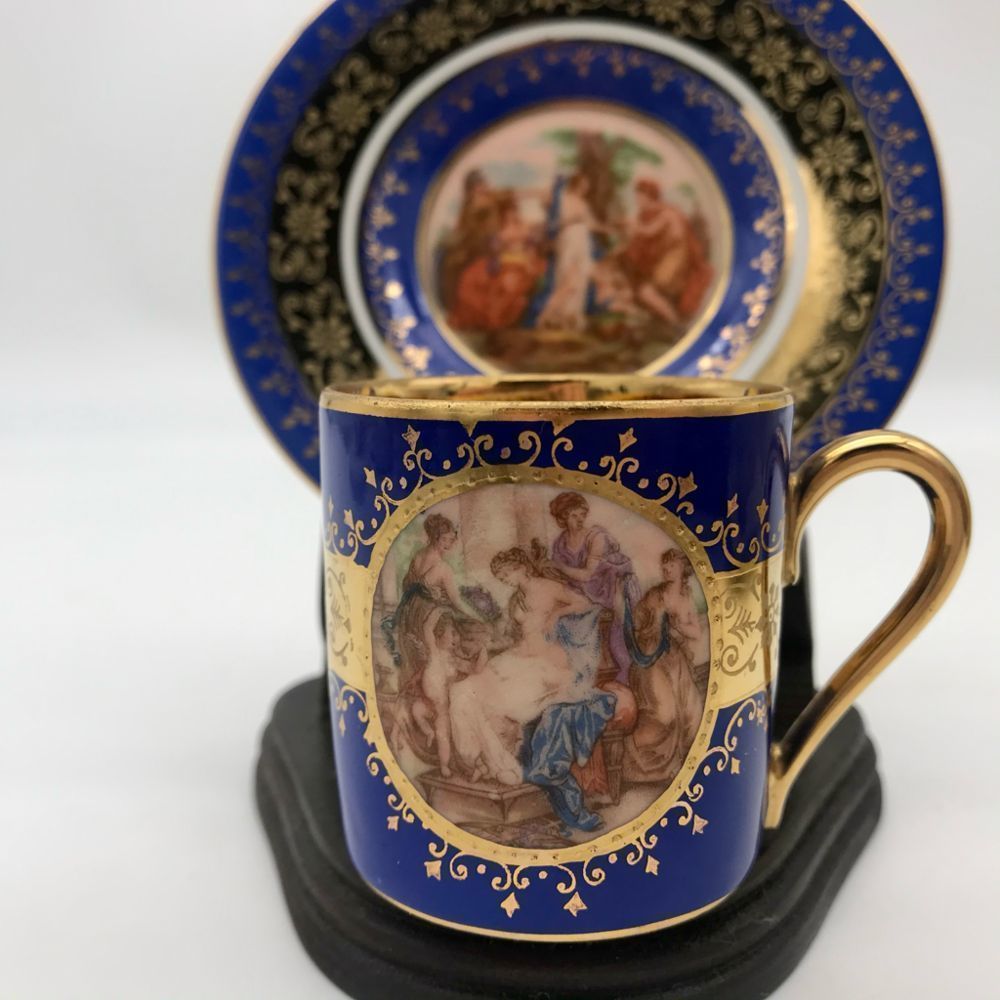Rosenthal China Portrait Demitasse Tea Cup & Saucer Heavy Gold & Blue